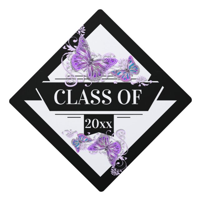 Purple pink butterfly class of elegant custom graduation cap topper (Front)