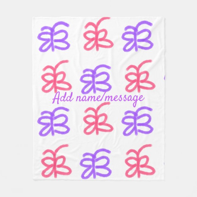 Purple pink butterfly doodle pattern add name text fleece blanket (Front)