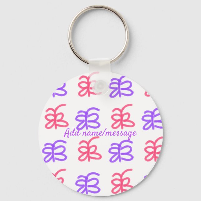 Purple pink butterfly doodle pattern add name text keychain (Front)