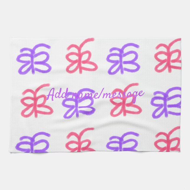 Purple pink butterfly doodle pattern add name text kitchen towel (Horizontal)