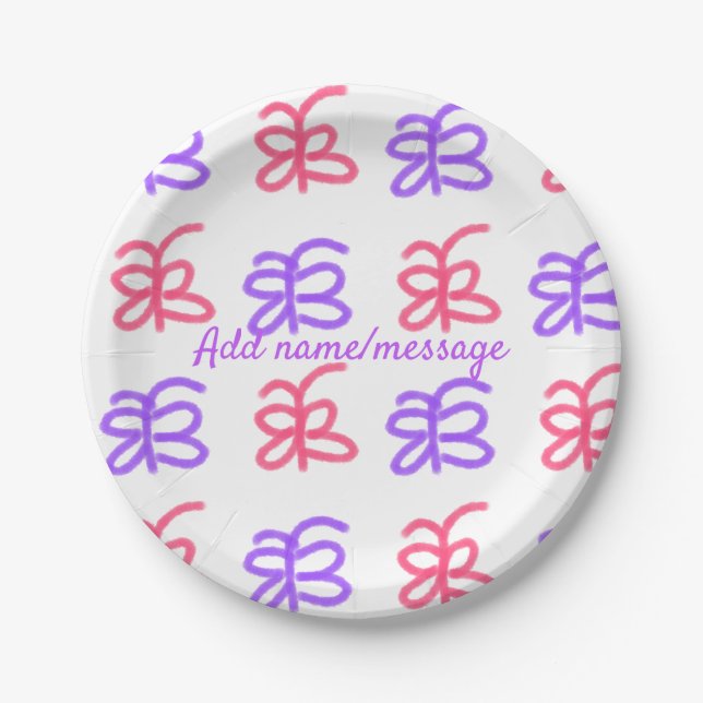 Purple pink butterfly doodle pattern add name text paper plate (Front)