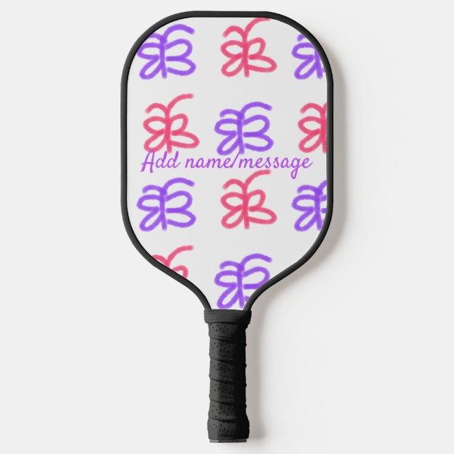 Purple pink butterfly doodle pattern add name text pickleball paddle (Front)