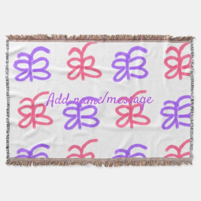 Purple pink butterfly doodle pattern add name text throw blanket (Front)