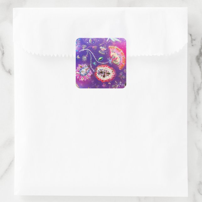 Purple Pink Butterfly Floral Garden Square Sticker (Bag)