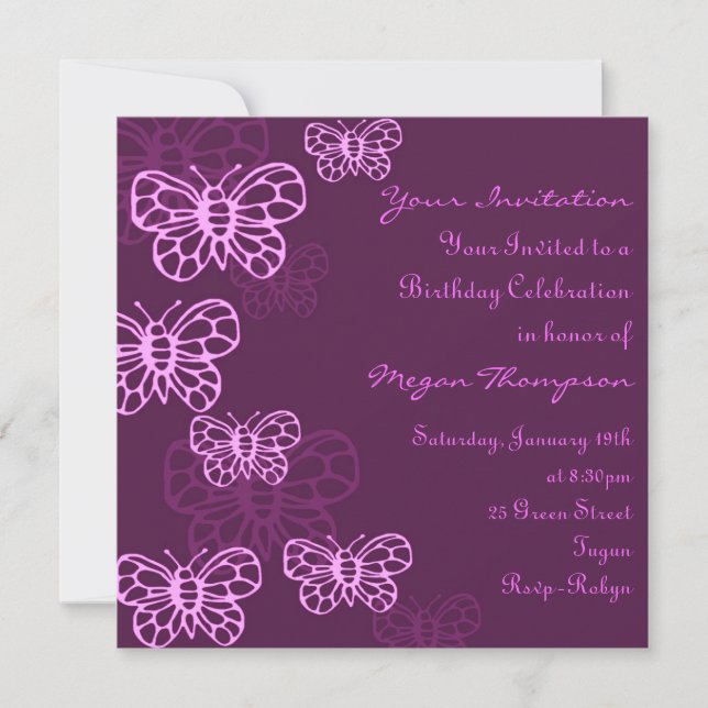 Purple & Pink Butterfly Invitation d'anniversaire (Devant)