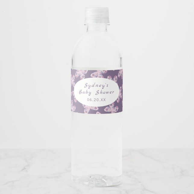 Purple Pink Butterfly Pattern Personalized Water Bottle Label (Front)