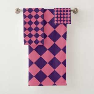 Purple Pink Chequered Diamond Pattern Bath Towel Set
