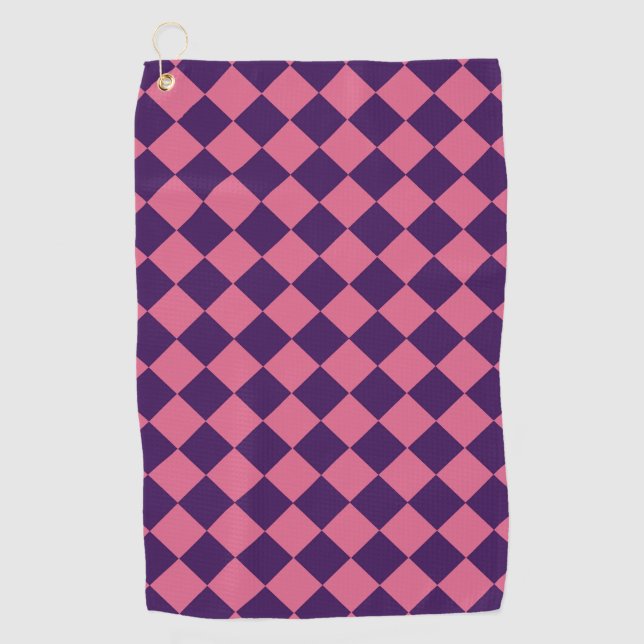 Purple Pink Chequered Diamond Pattern Golf Towel (Front)