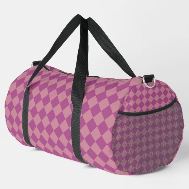 Purple Pink Chequered Diamond Pattern Large Duffle Bag (Right Corner)