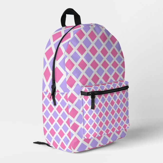 Purple Pink Chequered Diamond Pattern Printed Backpack (Back Corner Left)