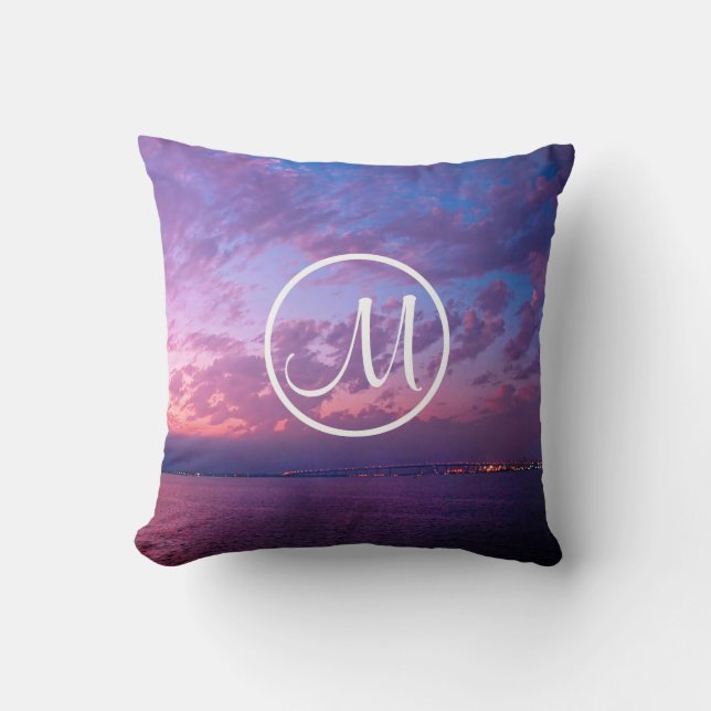 Purple pink clouds ocean sunset photo monogram throw pillow (Front)