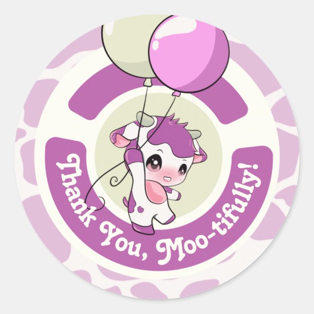 Purple Pink Cow Pattern Thank you Round Sticker  (Front)