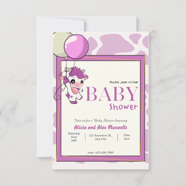 Purple Pink Cow with Balloon baby shower Invitation (Front)
