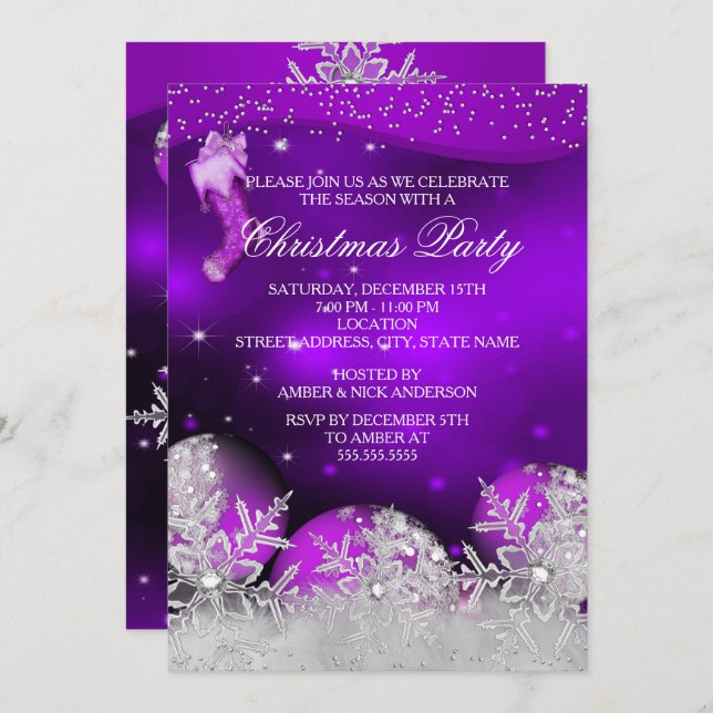 Purple Pink Crystal Snowflake Christmas Party Invitation (Front/Back)