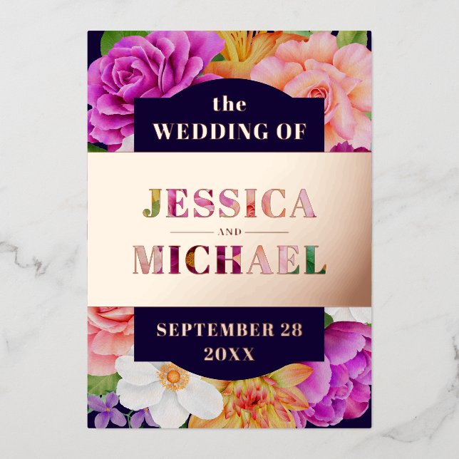 Purple Pink Dark Blue Rose Gold Floral Wedding (Front)