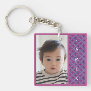 Purple Pink Diamond Pattern Artsy Baby Photo Name Keychain