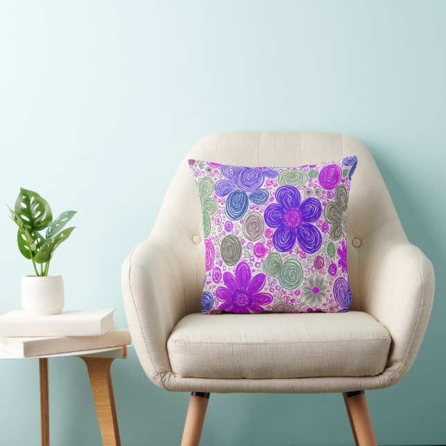 Purple Pink Doodle Daisies Throw Pillow (Chair)