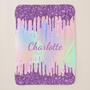 Purple pink drips holographic name initial sherpa blanket