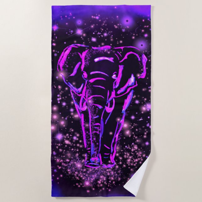 Purple Pink Elephant Beach Towel In Starry Night (Front)