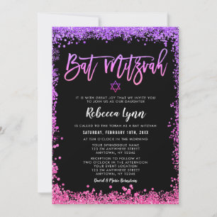 Purple Pink Faux Glitter Bat Mitzvah Invitation