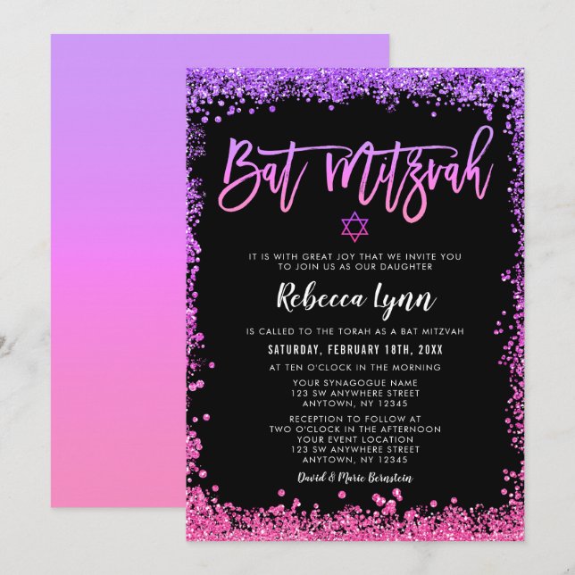 Purple Pink Faux Glitter Bat Mitzvah Invitation (Front/Back)