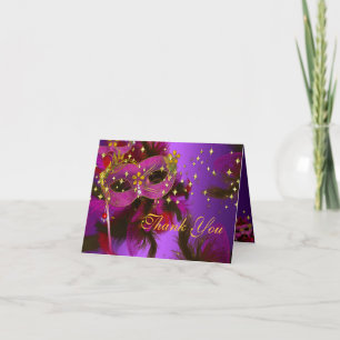 Purple Pink Feather Mask Masquerade Thank You Card