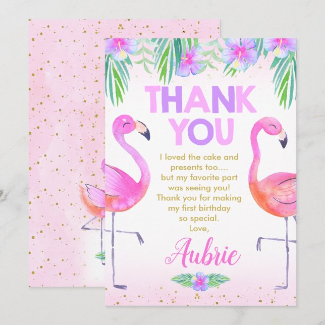 Purple Pink Flamingo Birthday Thank You Card (Front/Back)