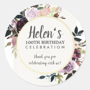 Purple Pink Floral 100th Birthday Thank You Classic Round Sticker