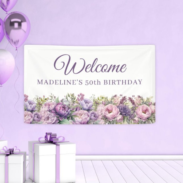 Purple Pink Floral 50th Birthday Welcome Banner (Elegant floral and script women's 50th birthday party banner)
