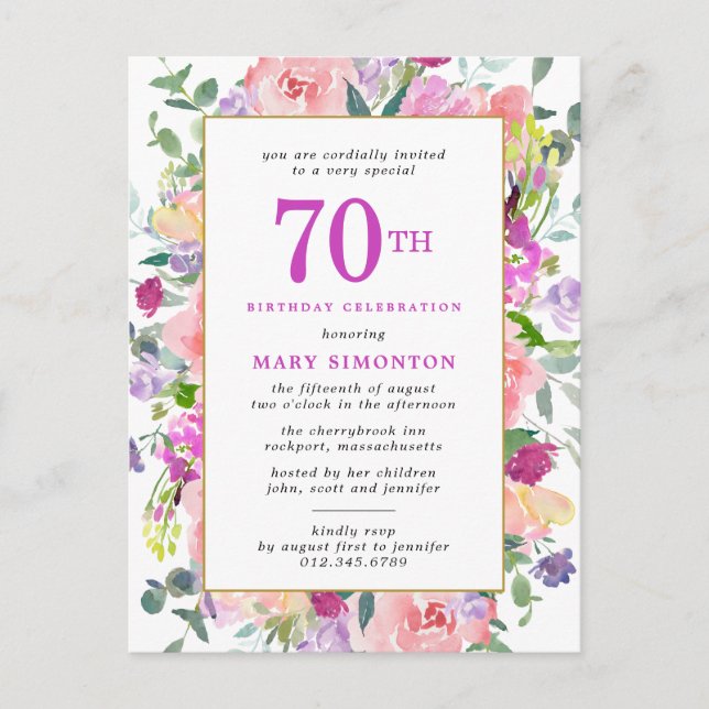 Purple Pink Floral 70th Birthday Invitation Postcard (Front)