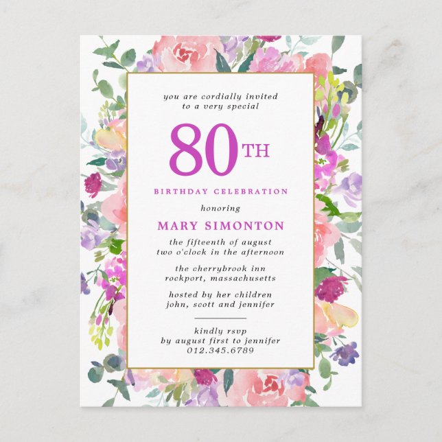 Purple Pink Floral 80th Birthday Invitation Postcard (Front)