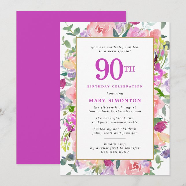Purple Pink Floral 90th Birthday Invitation (Front/Back)