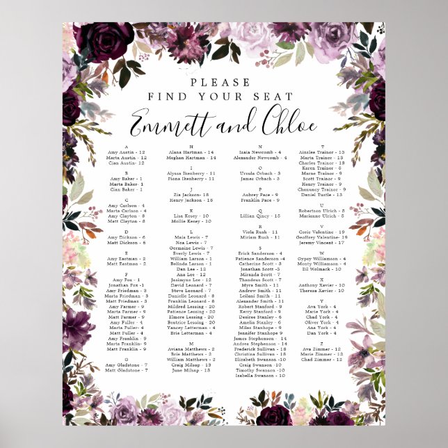  Purple Pink Floral Alphabetical Seating Chart (Front)