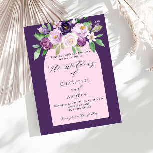 Purple pink floral arch budget wedding invitation