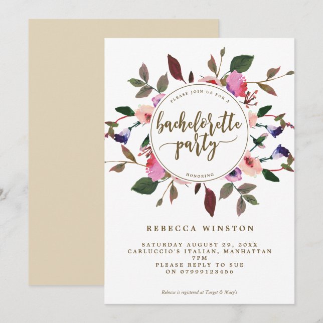 purple pink floral bachelorette party invite (Front/Back)