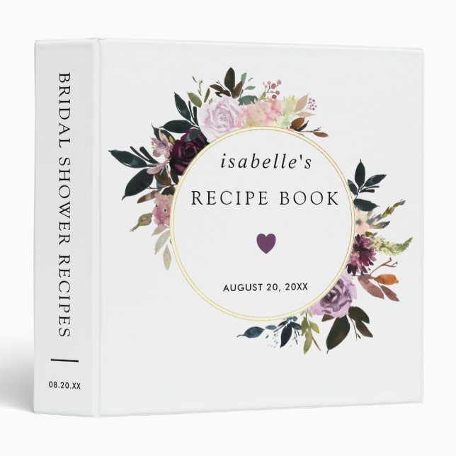Purple Pink Floral Bridal Shower Recipe Book Binder (Front/Spine)