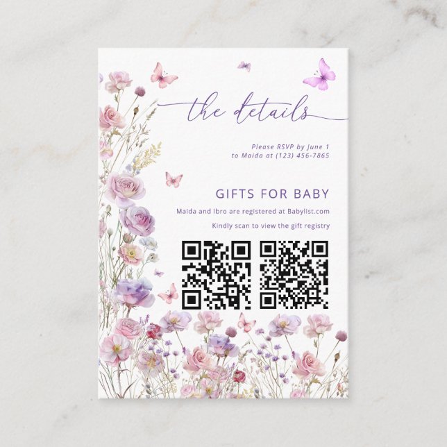 Purple Pink Floral Butterfly Baby Shower DETAILS Enclosure Card (Front)