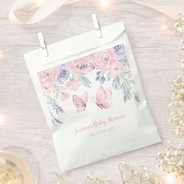 Purple Pink Floral Butterfly Girl Baby Shower Favour Bag (Clipped)