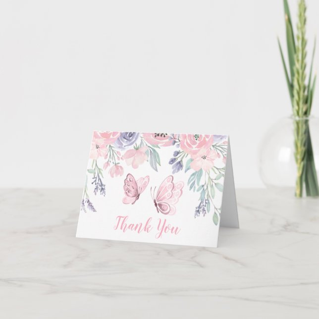 Purple Pink Floral Butterfly Girl Baby Shower Thank You Card (Front)