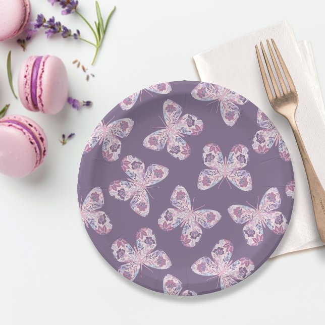Purple Pink Floral Butterfly Patterned Baby Shower Paper Plate (Shown on a 7" round paper plate)