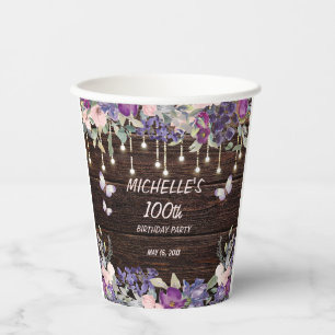 Purple Pink Floral Butterfly Rustic 100th Birthday Paper Cups
