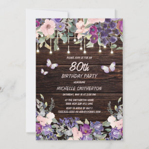 Purple Pink Floral Butterfly Rustic 80th Birthday  Invitation