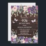 Purple Pink Floral Butterfly Rustic 90th Birthday  Invitation<br><div class="desc">90th birthday party invitation for women with a rustic dark brown barn wood background and twinkling string lights and decorated with pink,  lilac,  and purple watercolor floral and butterflies.  Contact me for assistance with your customizations or to request additional matching or coordinating Zazzle products for your party.</div>