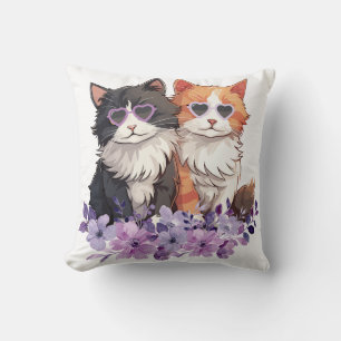 Purple Pink Floral Cats Throw Pillow