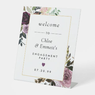 Purple Pink Floral Engagement Party Welcome Pedestal Sign