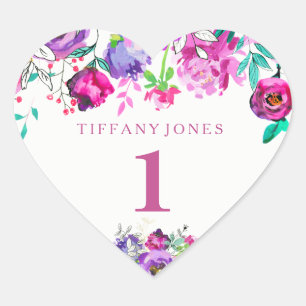 Purple Pink Floral Girl 1st Birthday Love heart Sticker