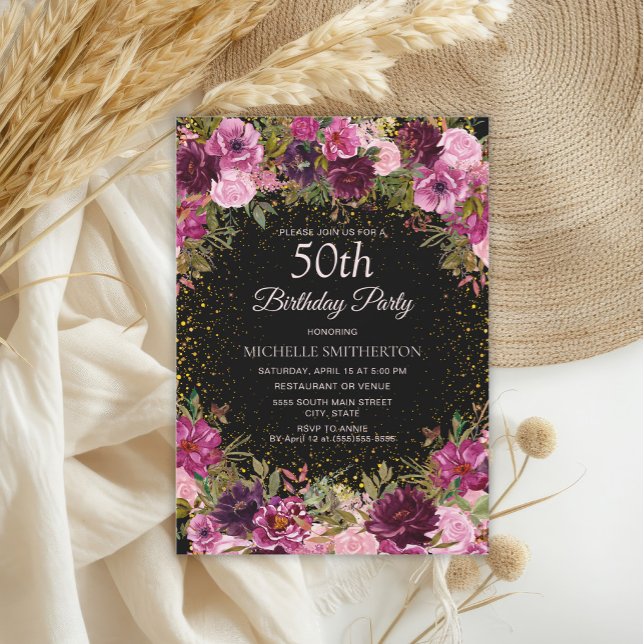 Purple Pink Floral Glitter Black 50th Birthday Invitation (Elegant burgundy and pink watercolor floral on black 50th birthday party invitation)