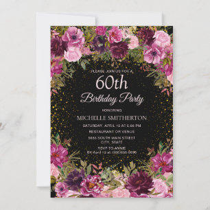 Purple Pink Floral Glitter Black 60th Birthday Invitation