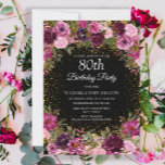Purple Pink Floral Glitter Black 80th Birthday Invitation<br><div class="desc">Elegant and romantic pink and purple watercolor vintage roses/floral and foliage on black custom 80th birthday party invitation with gold glitter.  Personalized with the name of the guest of honour.</div>