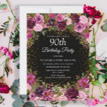 Purple Pink Floral Glitter Black 90th Birthday Invitation<br><div class="desc">Elegant and romantic pink and purple watercolor vintage roses/floral and foliage on black custom 90th birthday party invitation with gold glitter.  Personalized with the name of the guest of honour.</div>